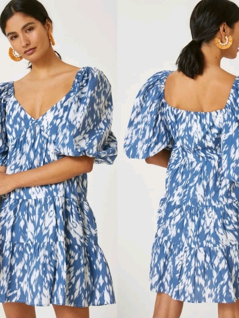 Anthropologie Blue & White Puff-Sleeve Tiered Dress